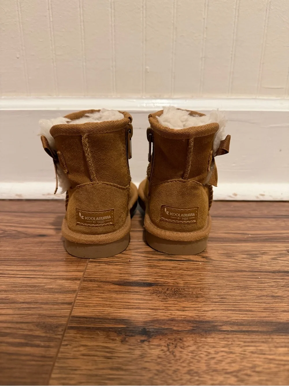 Koolaburra Kids Chestnut Brown Suede Shearling Bow Boots